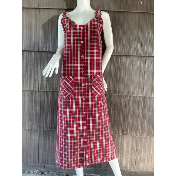 🔥VTG Mountain Lake Plaided Red Jumper Dress School Preppy Cottage Grunge Sz MP - Picture 1 of 9